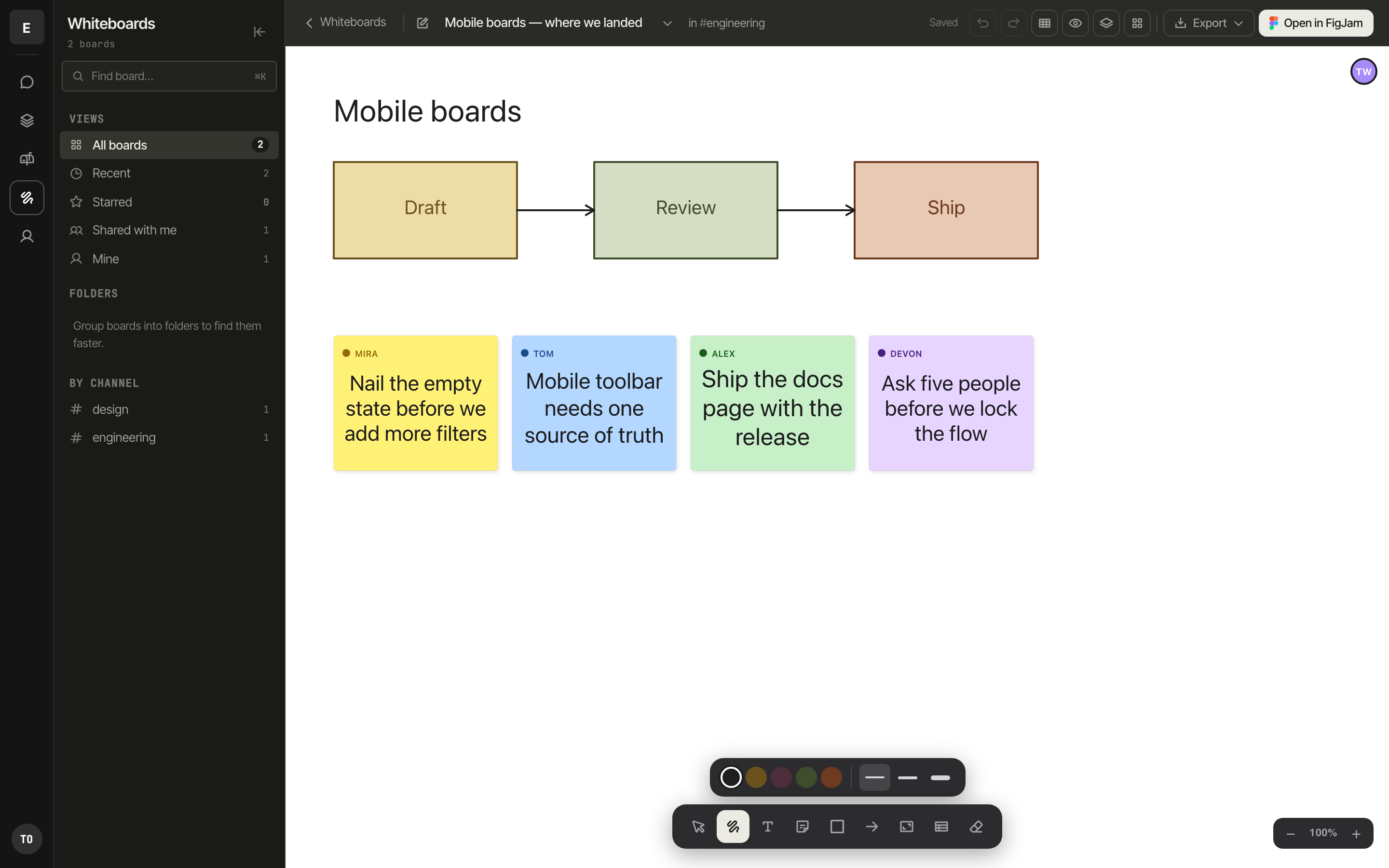 A Zinthi board: connected shapes and sticky notes on an infinite canvas