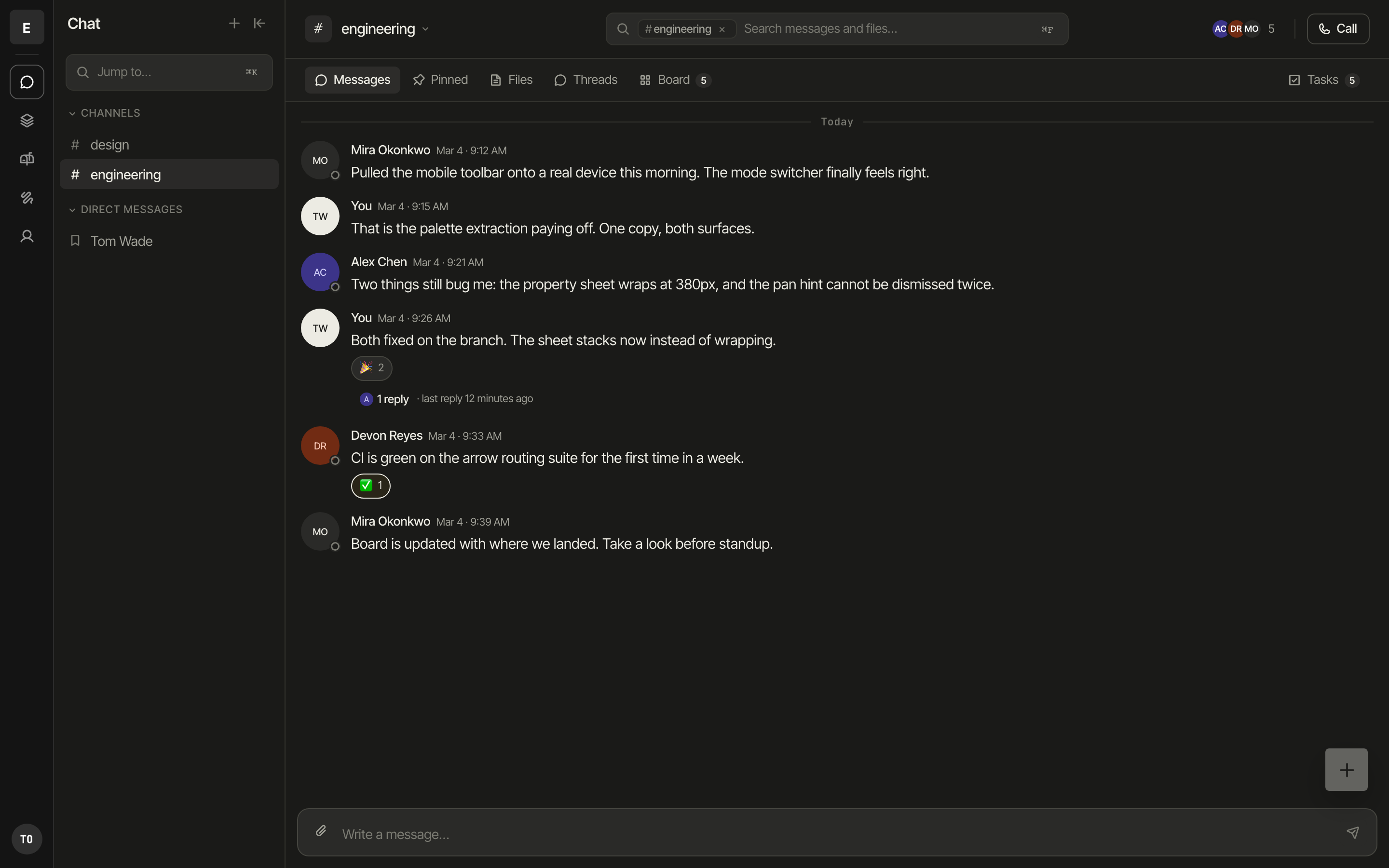 The Zinthi chat channel, with a threaded reply, reactions and a task board tab