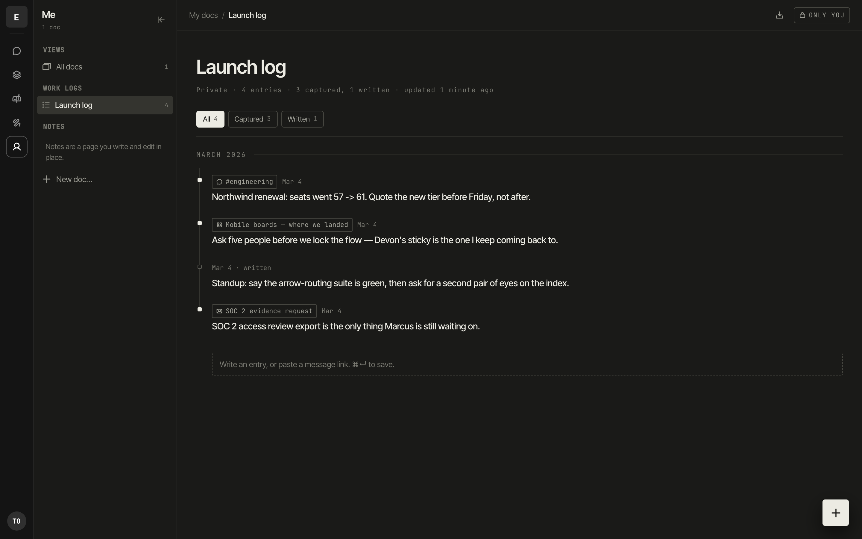 A personal work log in Zinthi, with entries captured from a channel, a board and an email, each showing where it came from