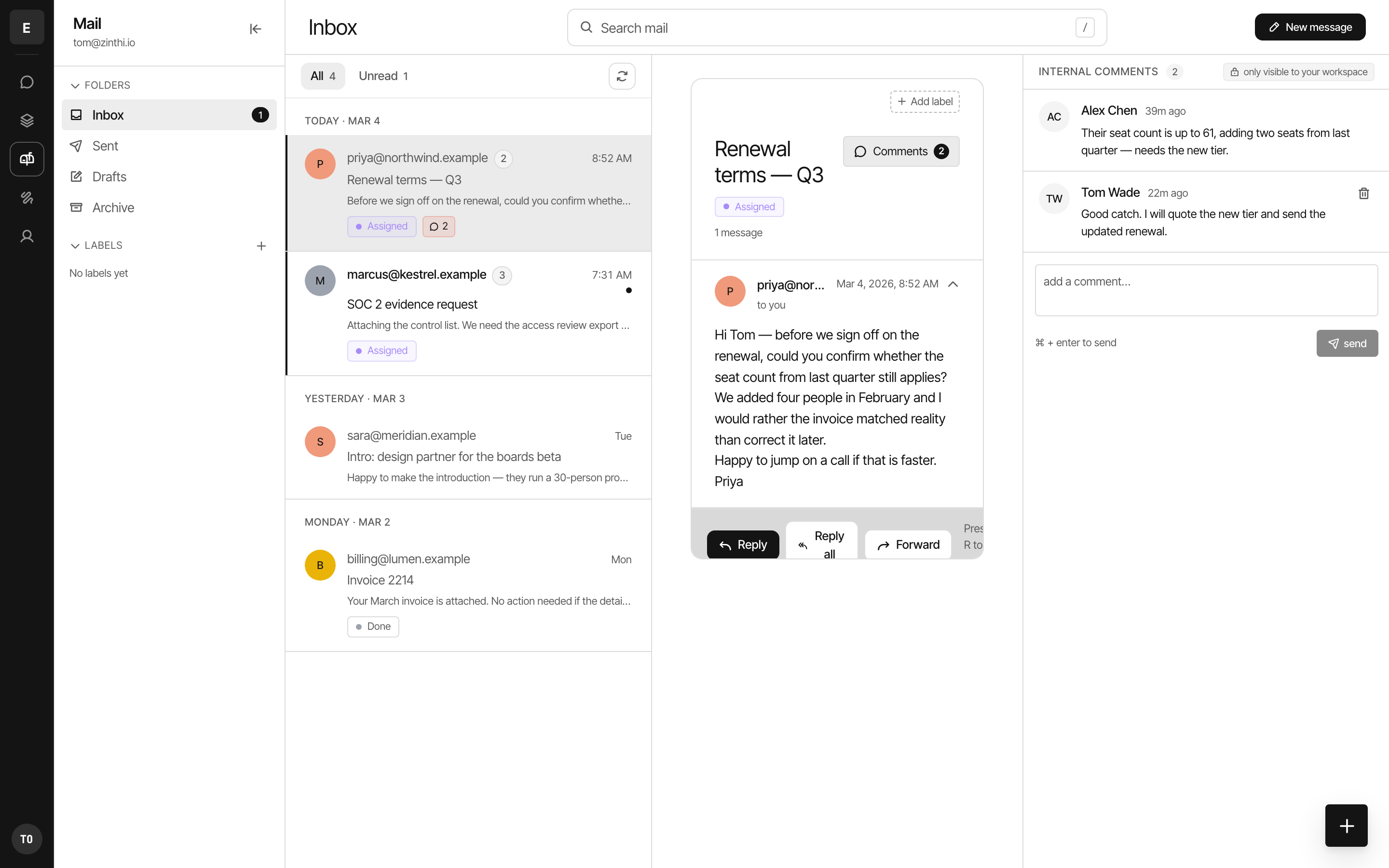 A customer email open in Zinthi Mail, with an internal comment thread beside it that is only visible to the workspace
